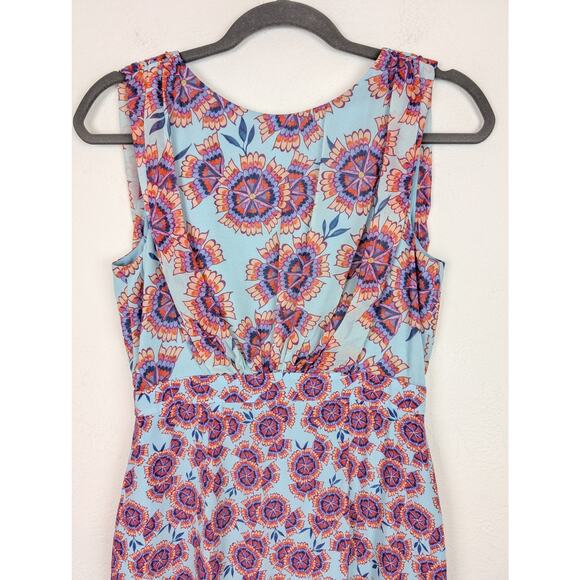 Saloni Midi Dress Adrienne Ciel Dragonfruit Ruffle Silk Floral Blue Size 4 - Picture 4 of 13
